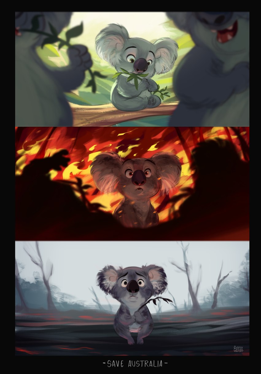 ambiguous_gender australia death eating eucalyptus fire forest_fire group natural_disaster outside sad solo_focus text trio cuddlyveedles koala mammal marsupial vombatiform absurd_res english_text hi_res