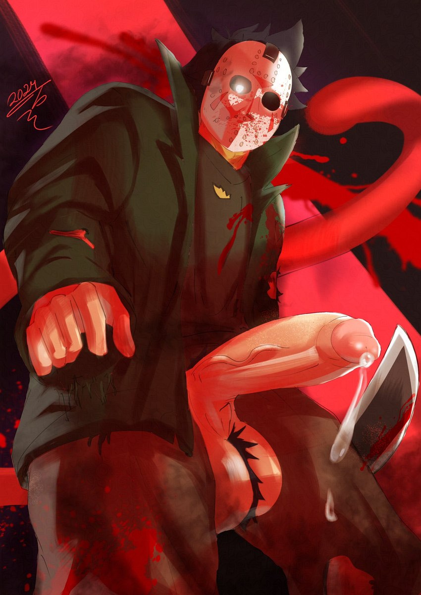 anthro balls big_balls big_penis blood blood_on_face bodily_fluids clothed clothing costume cum cum_drip dripping erection face_covered fur genital_fluids genitals glowing glowing_eyes hair hockey_mask holding_melee_weapon holding_object holding_weapon holidays humanoid_genitalia humanoid_penis looking_at_viewer machete male mask melee_weapon muscular muscular_male penile penis pubes simple_background solo sports_mask sportswear spread_legs spreading standing tail upward_angle weapon tabascomilk friday_the_13th_(series) halloween jason_voorhees maeka_(tabascomilk) haplorhine mammal monkey primate 2024 colored digital_drawing_(artwork) digital_media_(artwork) hi_res shaded signature