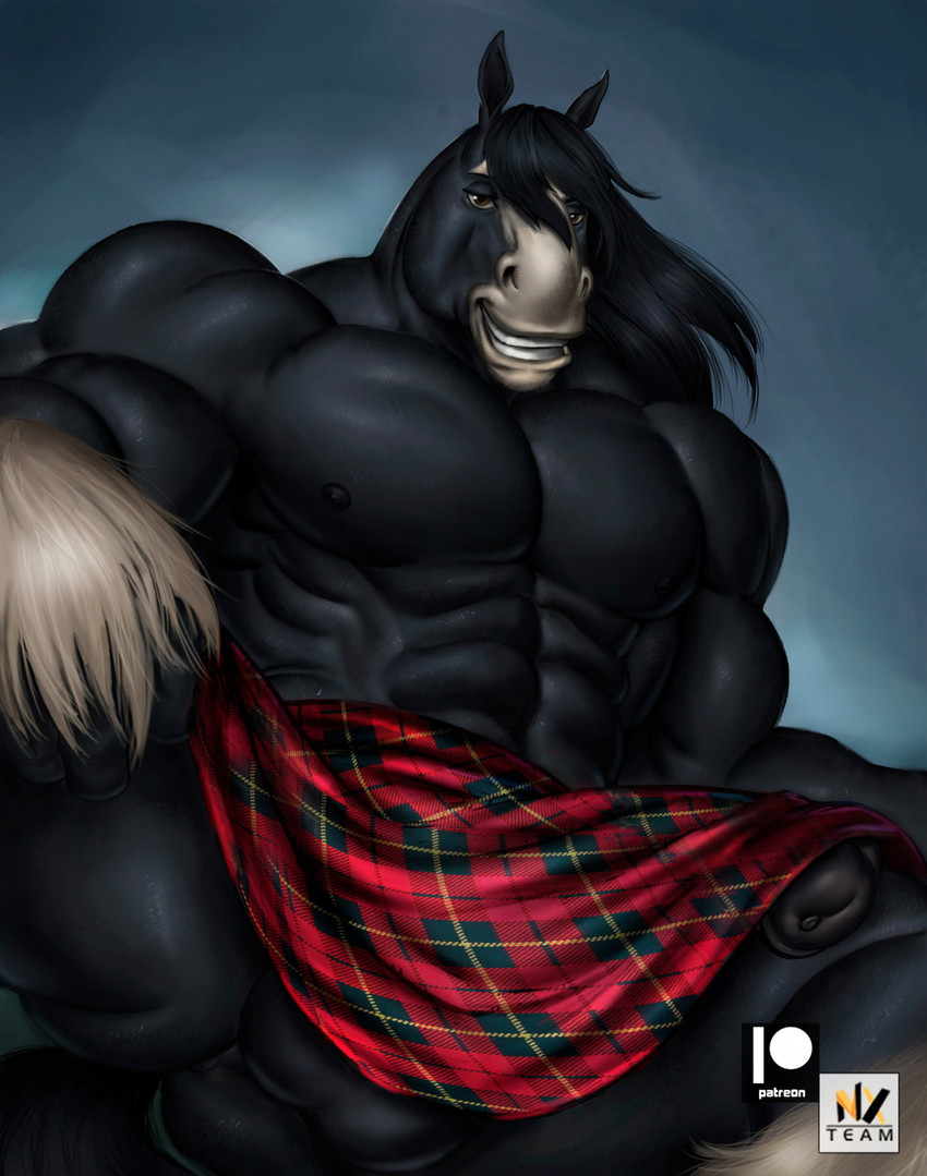 abs anthro anthrofied balls big_muscles black_body black_fur black_hair bottomwear clothing fetlocks fur genitals hair kilt male muscular muscular_anthro muscular_male nipples pecs penis plaid smile solo wallace_tartan nexus brave_(disney) disney pixar angus_(disney) clydesdale draft_horse equid equine horse mammal 2021 hi_res