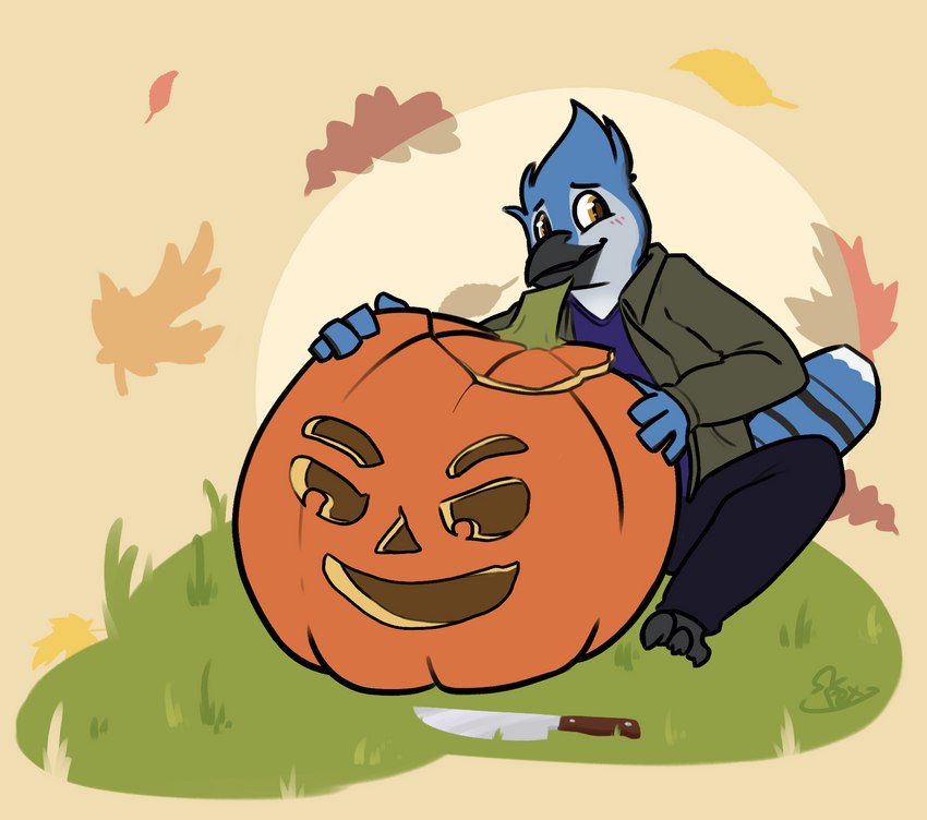 anthro beak blue_body blush bottomwear clothed clothing embarrassed feathered_wings feathers food fruit jacket knife male open_mouth pants plant pumpkin pumpkin_carving shirt simple_background solo tail tail_feathers topwear winged_arms wings omegapex james_(bluepegasi) avian bird blue_jay corvid jay_(bird) new_world_jay oscine passerine digital_media_(artwork) hi_res