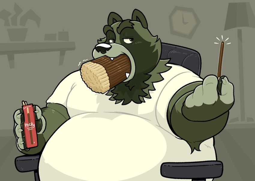 anthro belly big_belly black_nose chair food furniture green_body humanoid_hands male overweight overweight_male sitting solo runxforest pocky pocky_and_pretz_day canid canine mammal raccoon_dog tanuki 2024