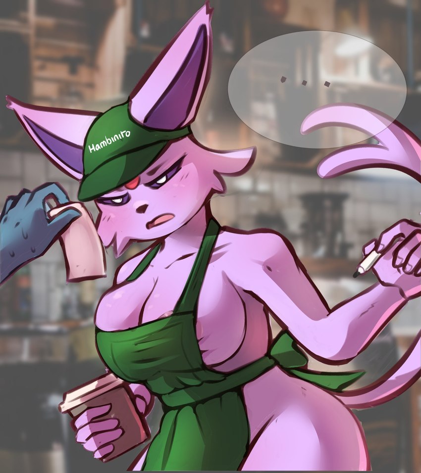 5_fingers anthro apron apron_only areola beverage big_breasts breasts clothing coffee coffee_shop ellipsis female fingers fur gem hat headgear headwear marker narrowed_eyes open_mouth pink_areola pink_body pink_fur purple_eyes red_gem solo speech_bubble squint tail white_eyes hambinito nintendo pokemon anon eeveelution espeon generation_2_pokemon mammal pokemon_(species) hi_res