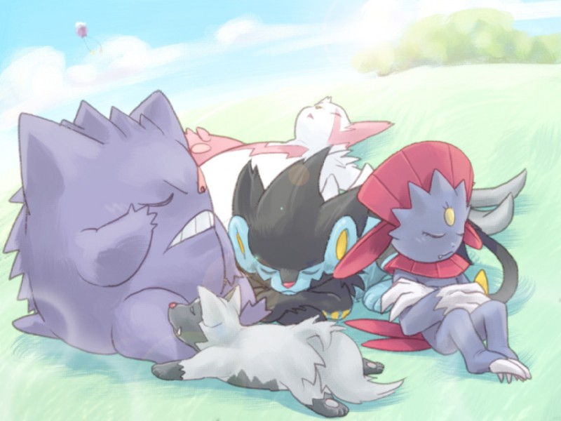 ambiguous_gender claw_toes cloud eyes_closed feral grass group outside plant sky sleeping tail hiroshi_nakajima nintendo pokemon drifloon felid generation_1_pokemon generation_3_pokemon generation_4_pokemon gengar luxray mammal pokemon_(species) poochyena weavile zangoose 4:3