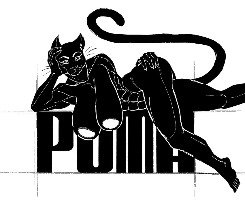 5_fingers 5_toes anthro breasts eyelashes feet female fingers logo looking_at_viewer muscular muscular_anthro muscular_female nipples nude sagging_breasts solo toes whiskers kaboozey puma_(company) cougar domestic_cat felid feline felis mammal 2020 absurd_res hi_res monochrome