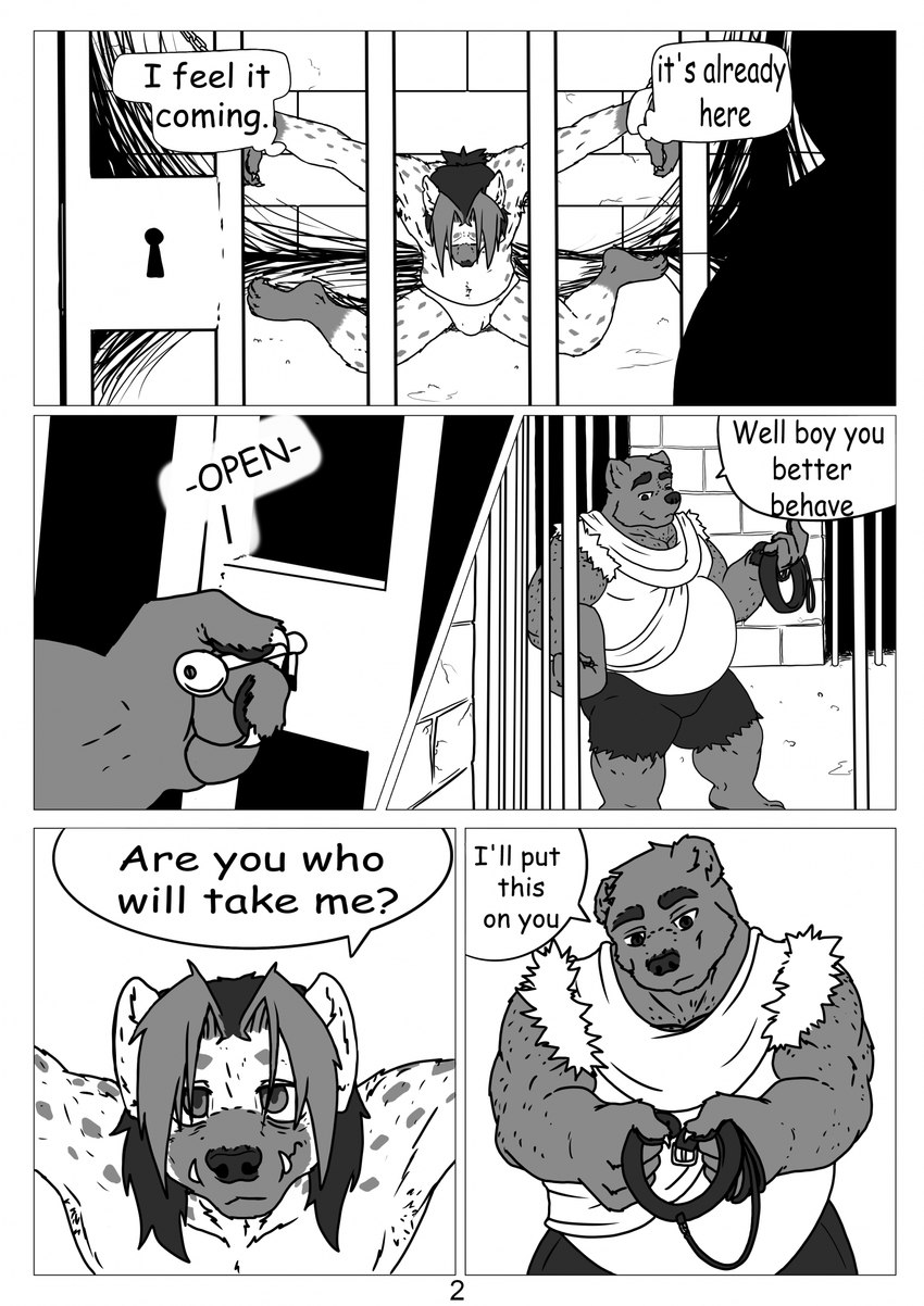 anthro belly bound bubble clothed clothing collar cuff_(restraint) dialogue handcuffed handcuffs leash leashed_collar male metal_cuffs overweight overweight_male prison prisoner restraints text thought_bubble laught468 bear hyena mammal comic english_text hi_res monochrome