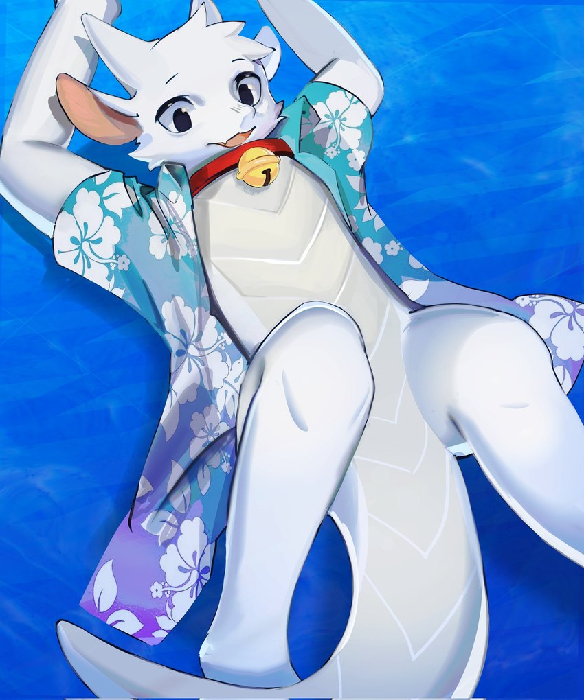 anthro bell bell_collar blue_background bottomless clothed clothing collar featureless_crotch fur kemono legs_up lying male on_back pattern_clothing pattern_shirt pattern_topwear red_collar scales shirt simple_background solo tail tapering_tail thick_tail topwear ventral_scales white_body white_fur white_skin min_furry cocoshark_(hacony) bovid caprine fish goat mammal marine shark hi_res