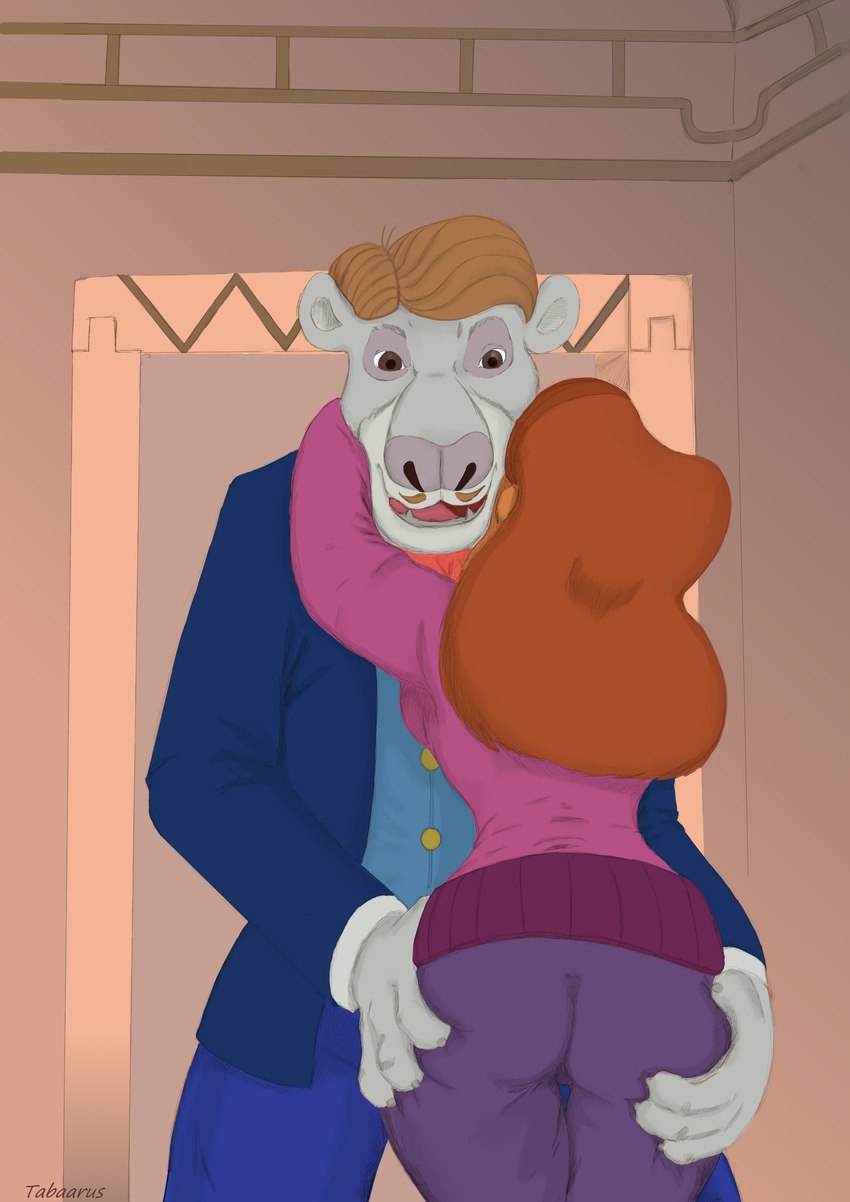 breasts brown_body brown_fur brown_hair butt butt_grab clothed clothing duo female fur grey_body grey_fur hair hand_on_butt hug male male/female open_mouth rear_view tabaarus disney talespin covington rebecca_cunningham bear mammal absurd_res hi_res