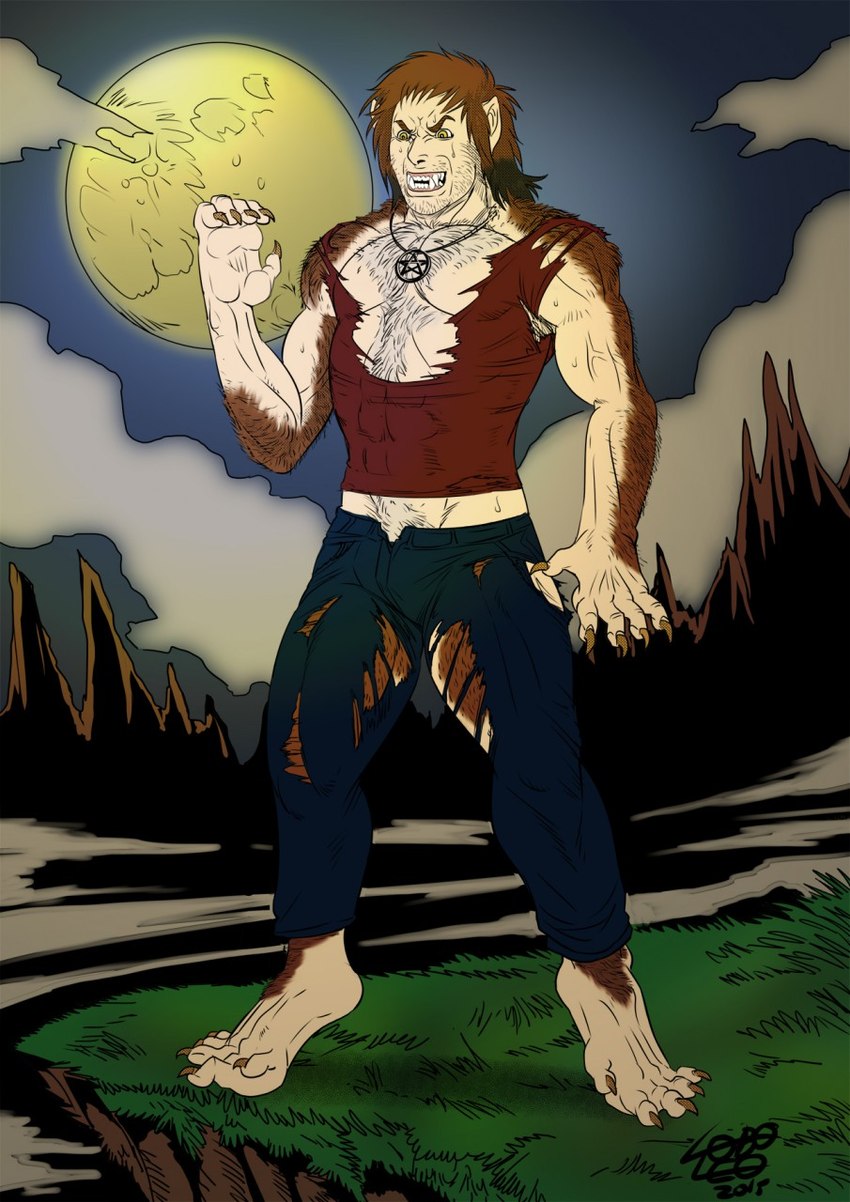 4_toes 5_fingers abs anthro barefoot bottomwear brown_body brown_claws brown_fur brown_hair claw_growth claws clothing cloud denim denim_bottomwear denim_clothing dewclaw facial_hair feet finger_claws fingers forest full_moon fur fur_growth grass growth hair hair_to_fur hairy human_to_anthro humanoid_pointy_ears jeans jewelry looking_at_hand male mid_transformation moon muscle_growth muscular muscular_anthro muscular_male necklace night occult_symbol open_mouth outside pained_expression pants pentacle pentacle_necklace plant plantigrade_to_digitigrade shirt sky snout snout_growth solo species_transformation standing stubble symbol t-shirt teeth tight_clothing toe_claws toes tongue topwear torn_bottomwear torn_clothing torn_jeans torn_pants torn_shirt torn_t-shirt torn_topwear transformation tree veiny_arms white_body white_fur yellow_eyes loboleo mythology pentawolf canid canine human mammal mythological_canine mythological_creature were werecanid werecanine werewolf 2015 hi_res signature