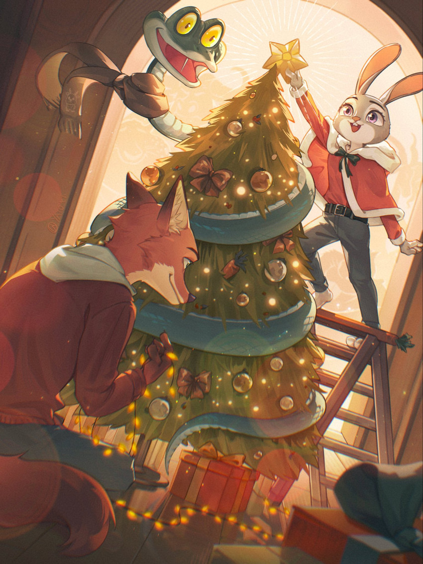 anthro belt bottomwear box capelet christmas_tree closed_smile clothing coiling container crouching denim denim_bottomwear denim_clothing dutch_angle female female_anthro feral fur_trim_(clothing) gift_box group holidays hoodie jeans ladder male male_anthro male_feral mouth_closed open_mouth open_smile pants plant purple_eyes red_capelet red_clothing scarf smile standing three-quarter_view topwear tree trio yellow_eyes yato1923 christmas disney zootopia gary_de'snake judy_hopps nick_wilde canid canine european_rabbit fox lagomorph leporid mammal oryctolagus pit_viper rabbit red_fox reptile scalie snake true_fox viper 3:4 hi_res
