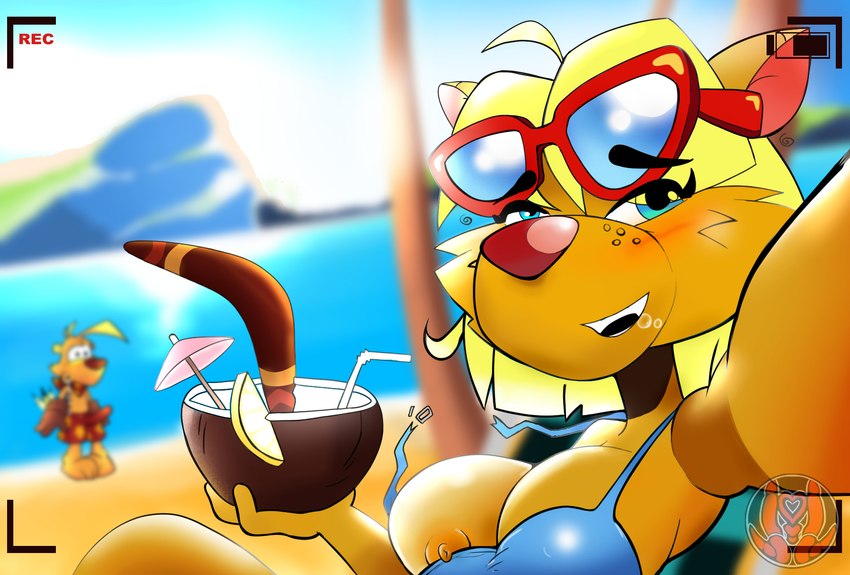 anthro areola areola_slip beach bendy_straw beverage big_breasts bikini bikini_top blonde_hair blue_bikini blue_bikini_top blue_clothing blue_eyes blue_swimwear blurred_background blush boomerang bottomwear breasts bulge camera_view clothed clothing coconut coconut_drink day detailed_bulge drink_umbrella drinking_straw drunk drupe_(fruit) duo erection erection_under_clothing eyewear eyewear_on_head female female_focus food freckles fruit genital_outline hair lemon_slice logo looking_at_another looking_at_viewer male male/female medium_hair nipple_slip nipples outside penis_outline plant red_nose seaside selfie shorts sitting smile solo_focus straps substance_intoxication sunglasses sunglasses_on_head swimwear tenting two-piece_swimsuit wardrobe_malfunction yellow_body theredroo ty_the_tasmanian_tiger_(series) shazza_the_dingo ty_the_tasmanian_tiger canid canine canis dasyuromorph dingo mammal marsupial recently_extinct_species thylacine artist_logo hi_res