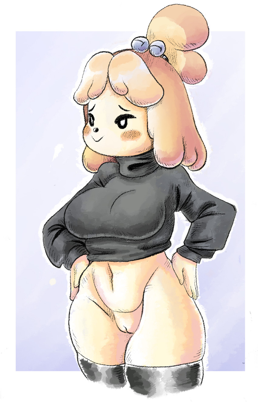 anthro big_breasts bottomless breasts clothed clothing female genitals hands_on_hips legwear pussy simple_background smile solo sweater thigh_highs topwear turtleneck wide_hips panthera_cantus animal_crossing nintendo isabelle_(animal_crossing) canid canine canis domestic_dog mammal colored digital_media_(artwork) hi_res