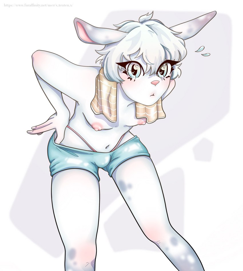 anthro bottomwear bottomwear_pull clothing clothing_pull femboy fur male shorts shorts_pull solo white_body white_fur x_ten_ten_x lagomorph leporid mammal rabbit absurd_res hi_res