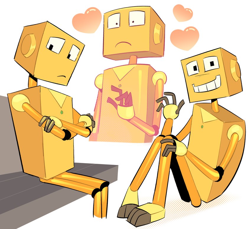 crossed_arms gold_body heart_symbol machine male male_humanoid not_furry nude nude_humanoid nude_male simple_background sitting solo teeth white_background dymitr3 robot_dreams tin_(robot_dreams) humanoid robot absurd_res hi_res