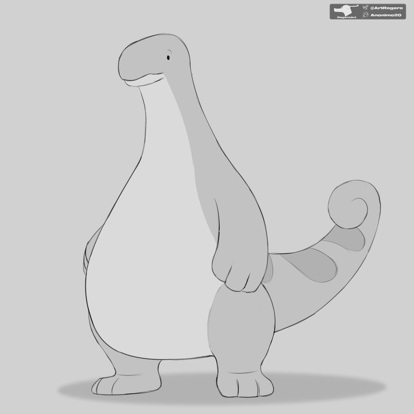 ambiguous_gender anthro black_eyes long_neck long_tail multicolored_body overweight solo tail two_tone_body rogero_(artist) palworld pocketpair dinosaur pal_(species) prehistoric_species relaxaurus reptile scalie 1:1 greyscale hi_res monochrome sketch watermark