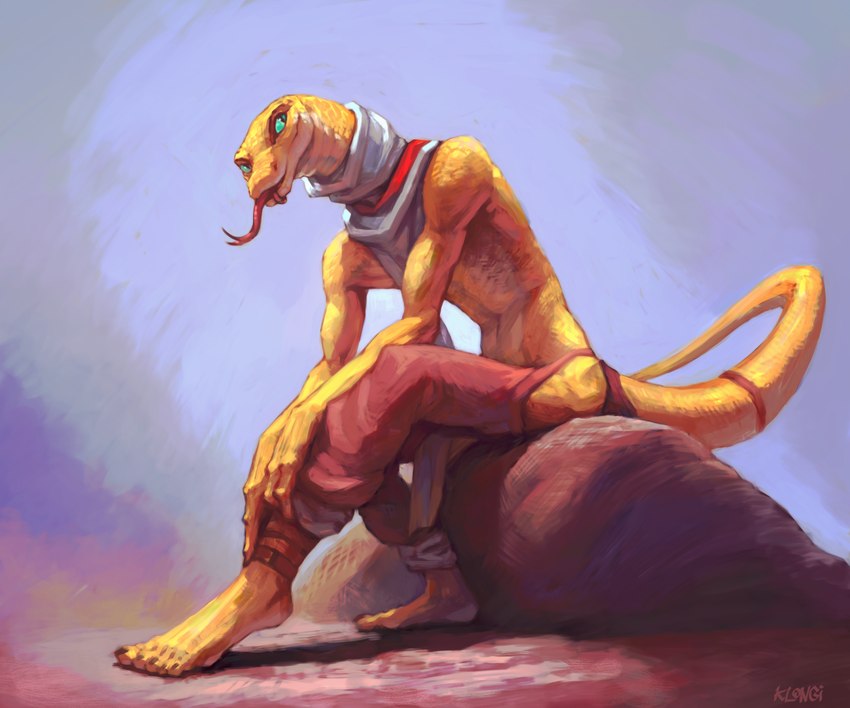 anthro bottomwear clothed clothing forked_tongue long_neck male pants partially_clothed scales scard shirtless sitting slim solo tail tongue tongue_out yellow_body yellow_scales klongi reptile scalie snake hi_res