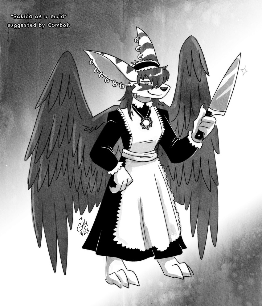 anthro big_ears clothing ear_piercing ear_ring feet female hand_on_hip holding_knife holding_object jewelry knife maid_uniform pendant piercing ring_piercing smile solo uniform wings the-chu slightly_damned sakido_elexion demon wind_demon_(slightly_damned) hi_res monochrome