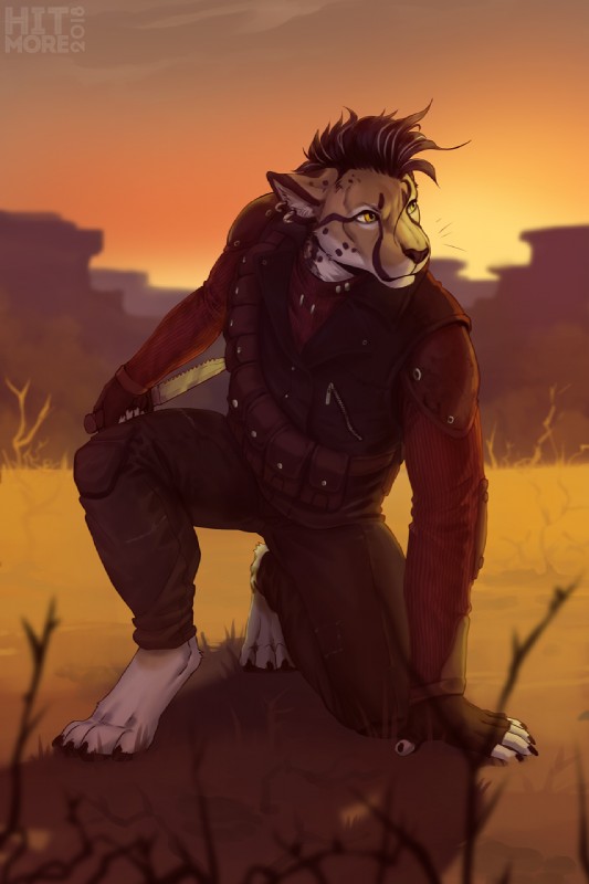 anthro black_hair black_nose digitigrade ear_piercing grass hair holding_object holding_weapon knife male piercing plant solo weapon yellow_eyes hitmore cheetah felid feline mammal 2018 digital_media_(artwork) hi_res