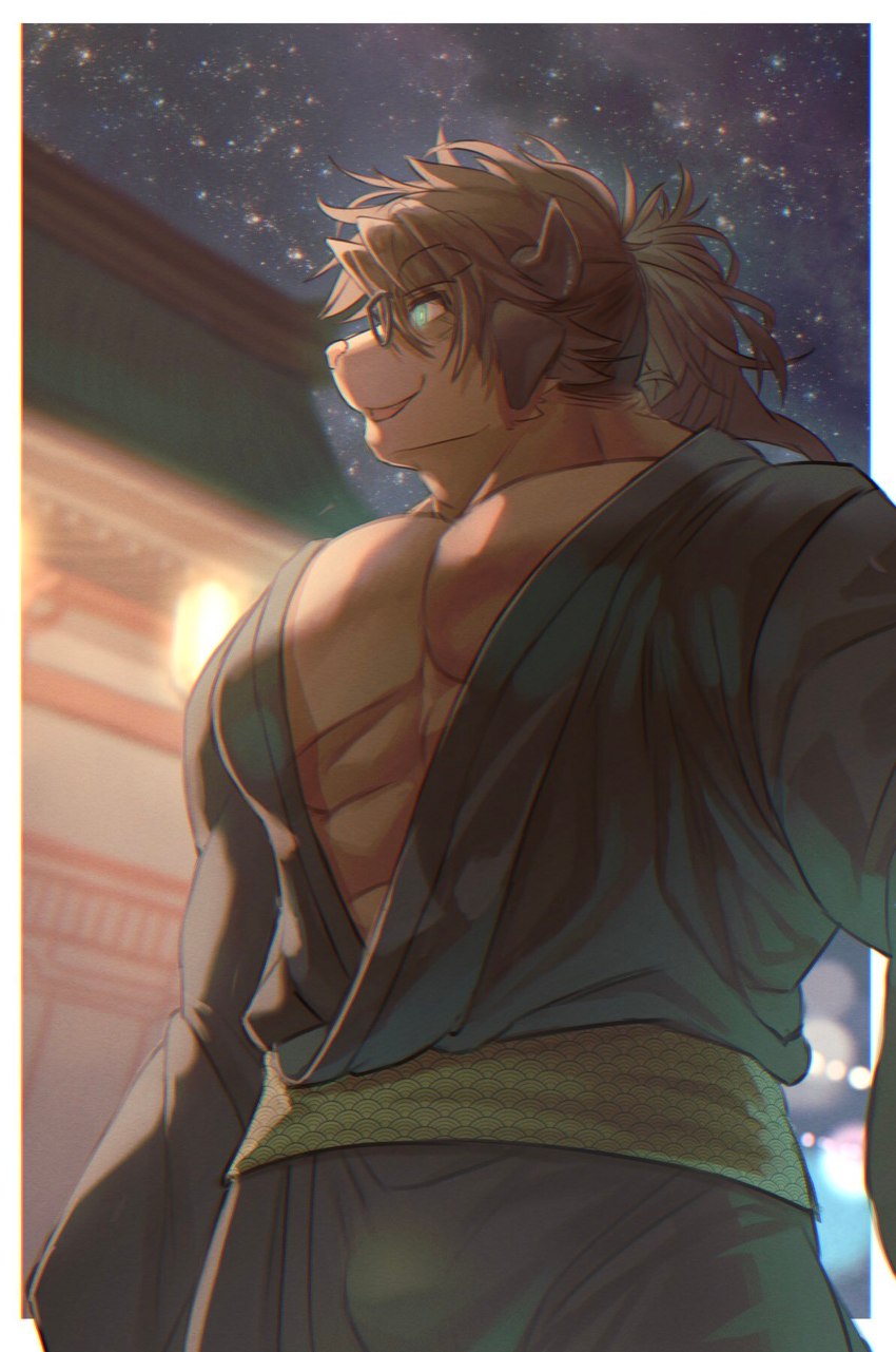 abs asian_clothing big_muscles brown_body brown_fur clothed clothing east_asian_clothing eyewear fur glasses green_clothing green_eyes green_kimono horn japanese_clothing kimono male muscular muscular_male night pecs solo biri lifewonders tokyo_afterschool_summoners catoblepas_(tas) mammal 2022 hi_res