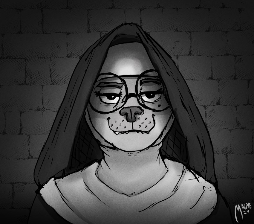 anthro bedroom_eyes bite biting_lip brick_wall clothing detailed_background eyewear female glasses looking_at_viewer markings mole_(marking) narrowed_eyes nun nun_habit nun_outfit religious_clothing seductive smile smiling_at_viewer smirk smirking_at_viewer smug solo teeth veil wall_(structure) oneflymagpie kenzie_keener canid canine canis coyote mammal bust_portrait greyscale hi_res monochrome portrait