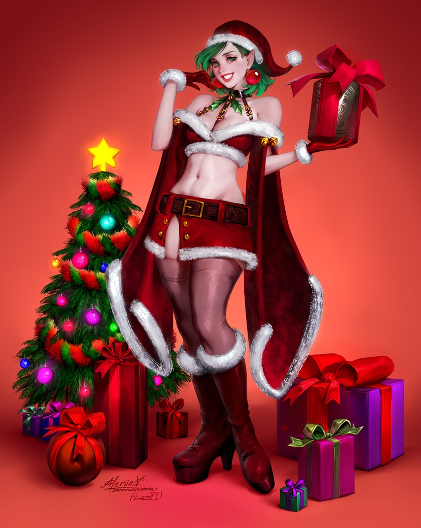 boots breasts christmas_clothing christmas_headwear christmas_tree cleavage clothed clothing female footwear gift gloves handwear hat headgear headwear high_heeled_boots high_heels holding_gift holding_object holidays humanoid_pointy_ears legwear looking_at_viewer not_furry plant pointy_ears santa_hat shoes solo thigh_highs tree lerapi christmas elf humanoid hi_res