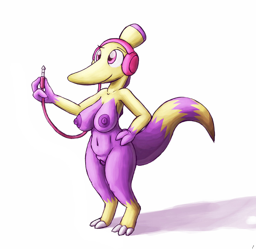 anthro areola big_areola big_breasts big_nipples breasts curvy_figure electronics female genitals hand_on_hip headphones holding_object navel nipples pink_eyes purple_nipples purple_pussy pussy simple_background smile solo standing voluptuous white_background wire tg-0 fakemon nintendo pokemon pokemon_uranium paraboom pokemon_(species)