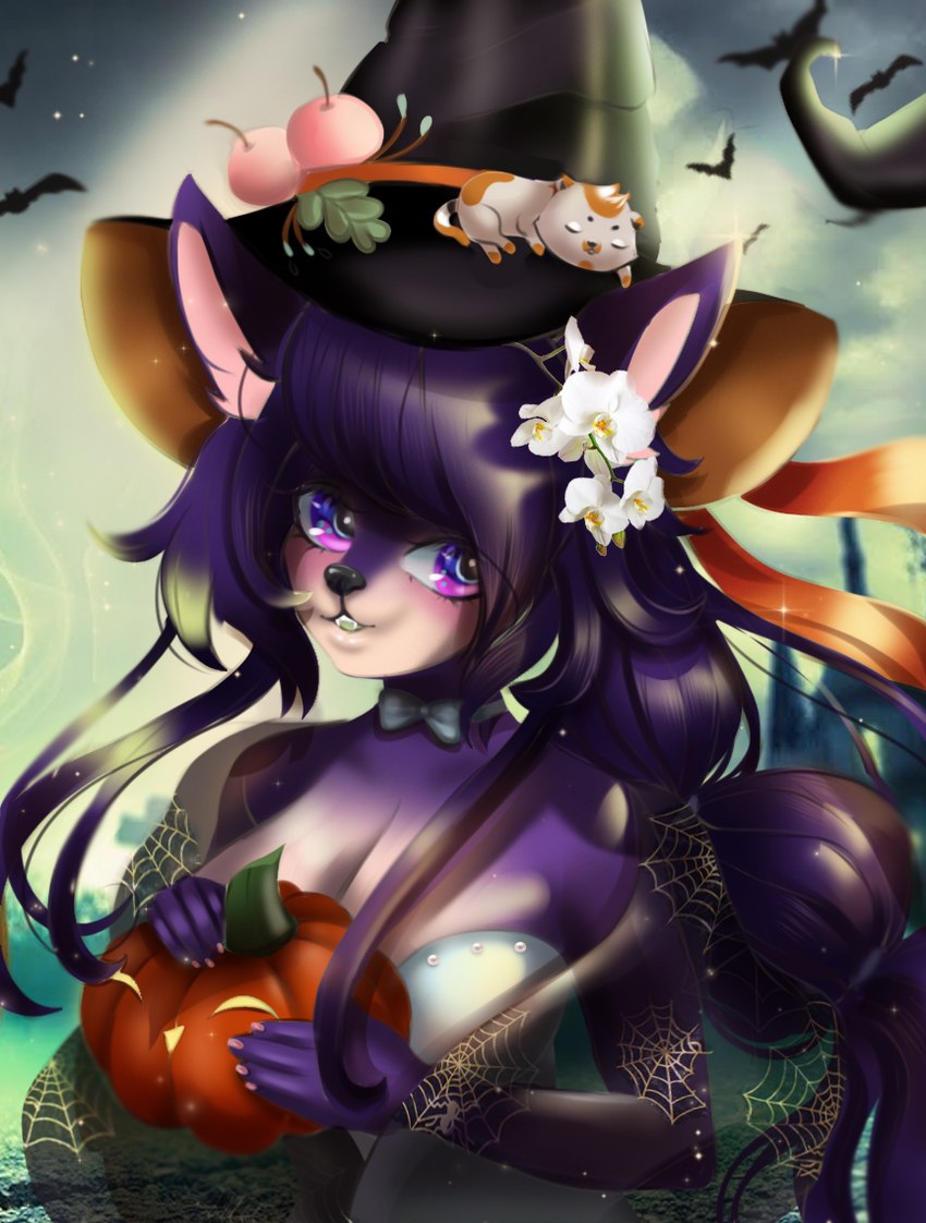 accessory anime_eyes anthro clothing costume flower flower_in_hair hair hair_accessory halloween_costume hat headgear headwear holidays jack-o'-lantern long_hair plant purple_hair solo witch_costume witch_hat conditional_dnp mdwines halloween canid mammal 2021