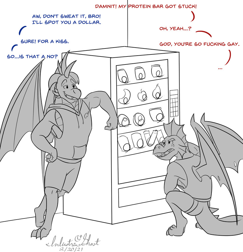 anthro athletic bottomwear clothing crouching duo fangs flirting frill_(anatomy) gym horn jockstrap leaning_on_object male male/male muscular profanity shirt shorts tail tank_top teeth text topwear underwear vending_machine wings inlustriusghost friendship_is_magic hasbro my_little_pony mythology bright_sight_(oc) fan_character garble_(mlp) dragon mythological_creature mythological_scalie scalie absurd_res english_text hi_res