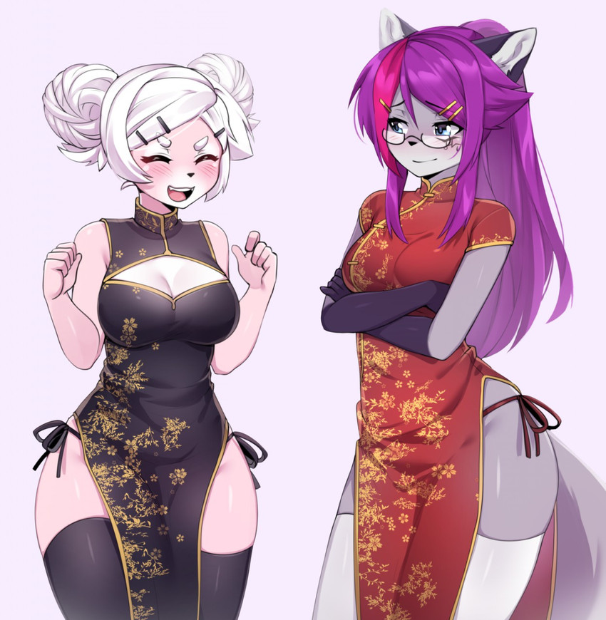 accessory anthro asian_clothing blue_eyes blush chinese_clothing chinese_dress clothing dress duo east_asian_clothing female fur grey_body grey_fur hair hair_accessory hairclip legwear purple_hair simple_background thigh_highs iwbitu nyopu_(iwbitu) syrth canid canine fox mammal marine pinniped seal 2018 digital_media_(artwork) hi_res shaded