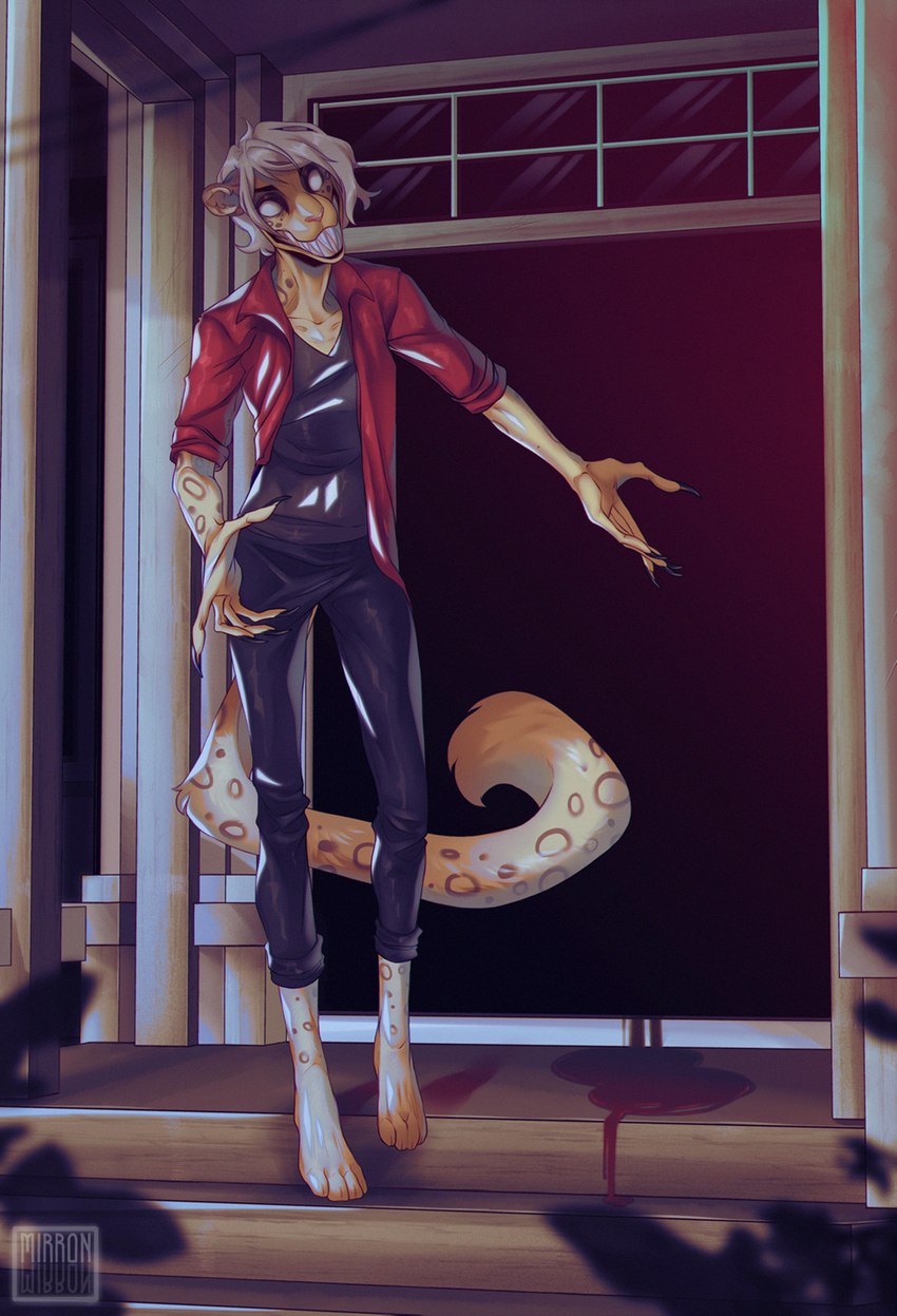 4_toes 5_fingers anthro blood bodily_fluids clothed clothing creepy fangs feet fingers grin hair male porch smile solo teeth toes white_eyes bardju felid leopard mammal pantherine 2020 digital_media_(artwork) hi_res