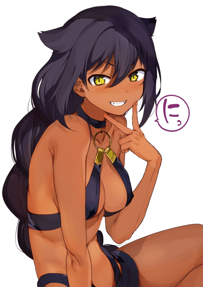 blush breasts clothed clothing eyebrow_through_hair eyebrows female grin hair looking_at_viewer navel pupils simple_background skimpy slit_pupils smile solo tan_body tan_skin translucent translucent_hair white_background yellow_eyes konbu_wakame jahy_sama_wa_kujikenai jahy demon humanoid 2018 absurd_res digital_drawing_(artwork) digital_media_(artwork) hi_res