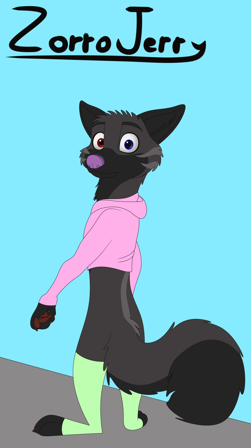 anthro black_body black_fur black_inner_ear_fluff blue_background blue_eyes clothing cropped_hoodie fur green_clothing green_leggings green_legwear grey_background grey_body grey_fur heterochromia hoodie inner_ear_fluff leggings legwear looking_at_viewer male pawpads paws pink_clothing pink_hoodie pink_shirt pink_topwear red_eyes red_pawpads shirt simple_background solo tail text topwear tuft zorrojerry jerry_zaitsevitch canid canine fox mammal absurd_res artist_name hi_res