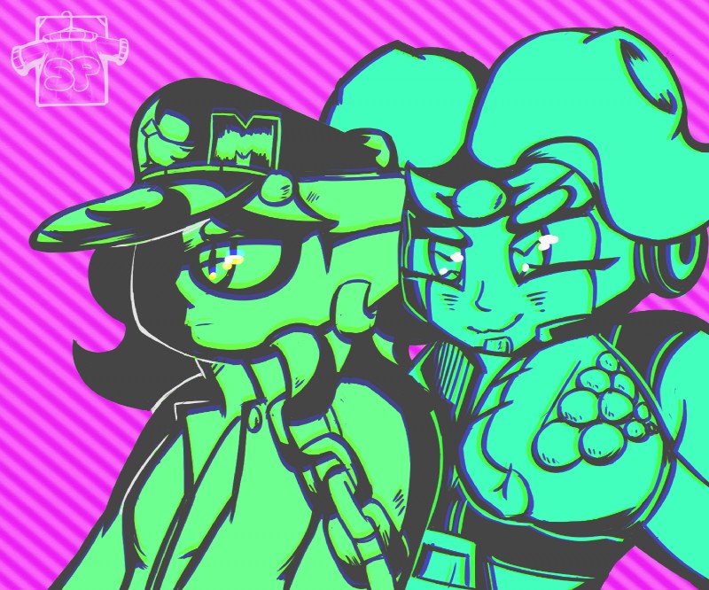 chain chromatic_aberration clothed clothing cosplay duo ear_piercing female gloves handwear hat headgear headwear markings mole_(marking) piercing pseudo_hair smile suction_cup tentacle_hair tentacles sweater_pups jojo's_bizarre_adventure nintendo splatoon jotaro_kujo marie_(splatoon) marina_(splatoon) star_platinum animal_humanoid cephalopod cephalopod_humanoid humanoid inkling marine marine_humanoid mollusk mollusk_humanoid octarian octoling stand_(jjba) 2018 6:5 digital_media_(artwork) hi_res meme