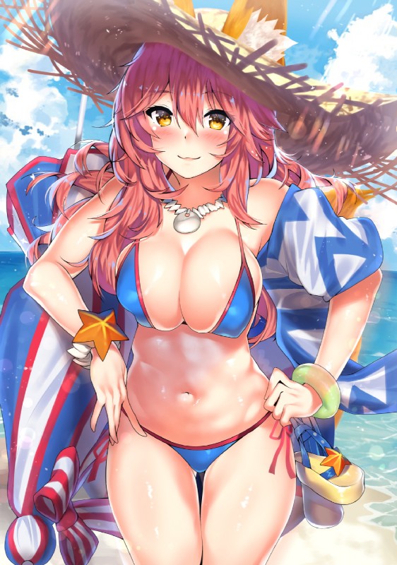 beach big_breasts bikini blush bracelet breasts cleavage clothed clothing ears_through_headwear female hair hat headgear headwear jewelry long_hair looking_at_viewer navel necklace outside pink_hair sea seaside skindentation smile solo straw_hat swimwear two-piece_swimsuit water yellow_eyes kawai fate_(series) type-moon caster_tamamo-no-mae animal_humanoid canid canid_humanoid canine canine_humanoid fox_humanoid humanoid mammal mammal_humanoid hi_res