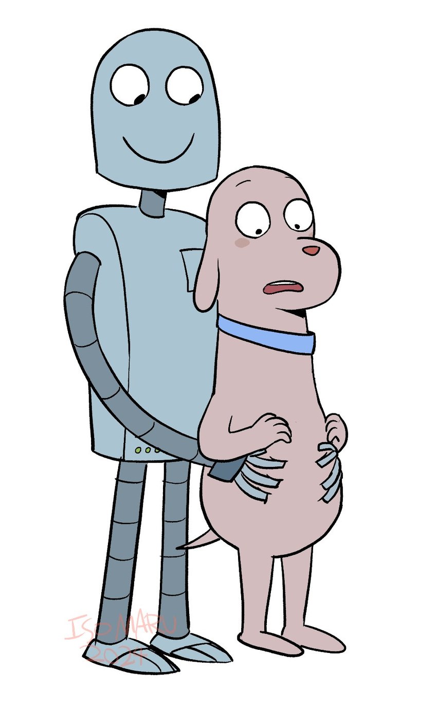 anthro belly belly_grab blush brown_body brown_fur collar duo embarrassed fur grey_body groping_from_behind machine male male/male ismrrrrr robot_dreams dog_(robot_dreams) robot_(robot_dreams) robot hi_res