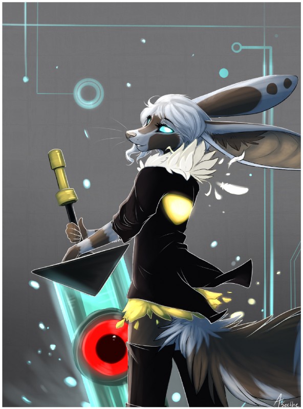 anthro big_ears blue_eyes border brown_body brown_fur clothing feathers female fur glowing greatsword hair jacket looking_back melee_weapon solo sword topwear weapon whiskers white_border white_hair aseethe supergiant_games transistor melody_(aseethe) red_(transistor) lagomorph leporid mammal rabbit digital_media_(artwork) hi_res