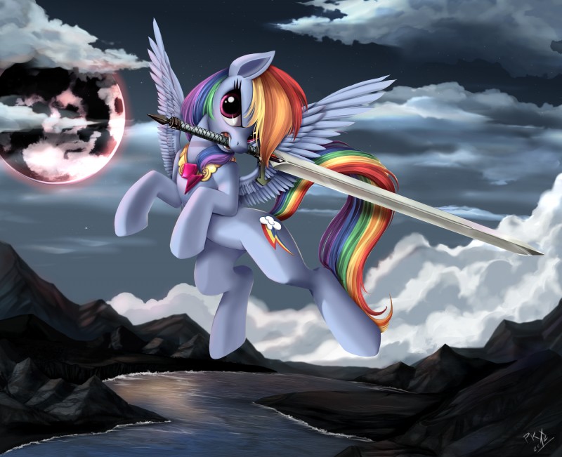 bloodmoon blue_body blue_feathers blue_fur bottomless clothed clothing cloud collar cutie_mark feathered_wings feathers female feral fog fur gem hair holding_melee_weapon holding_object holding_sword holding_weapon landscape longsword melee_weapon moon mountain multicolored_hair multicolored_tail object_in_mouth outside rainbow_hair rainbow_tail river rock ruby_(gem) solo star sword sword_in_mouth tail water weapon wings ponykillerx friendship_is_magic hasbro my_little_pony mythology rainbow_dash_(mlp) equid equine mammal mythological_creature mythological_equine pegasus 2012 hi_res signature