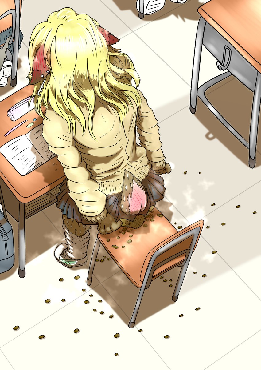 accident anthro blonde_hair blush blush_lines bottomwear butt classroom clothed clothing desperation ear_blush embarrassed feces female hair inside messy_clothing messy_panties messy_underwear omorashi panties pooping pooping_on_self school school_uniform scut_tail short_tail skirt soiling tail tail_blush underwear uniform mttbsmn deer mammal absurd_res hi_res