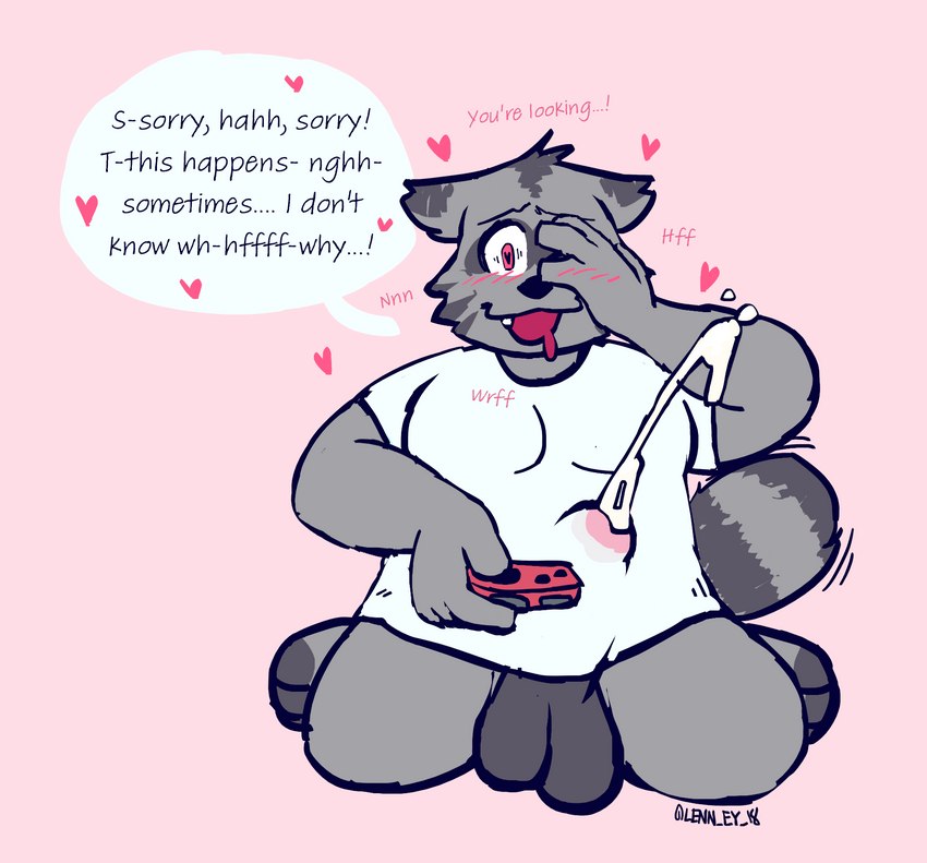 anthro balls bodily_fluids clothed clothing controller cum cum_in_clothing cum_through_clothing cum_through_shirt dialogue drooling ejaculation embarrassed game_controller genital_fluids genitals hands-free heart_symbol joycon_controller looking_pleasured male nintendo_controller partially_clothed penis saliva shy slightly_chubby slightly_chubby_male solo spontaneous_ejaculation talking_to_viewer text through_clothing wet wet_clothing lenny_(artist) nintendo nintendo_switch mammal procyonid raccoon english_text hi_res