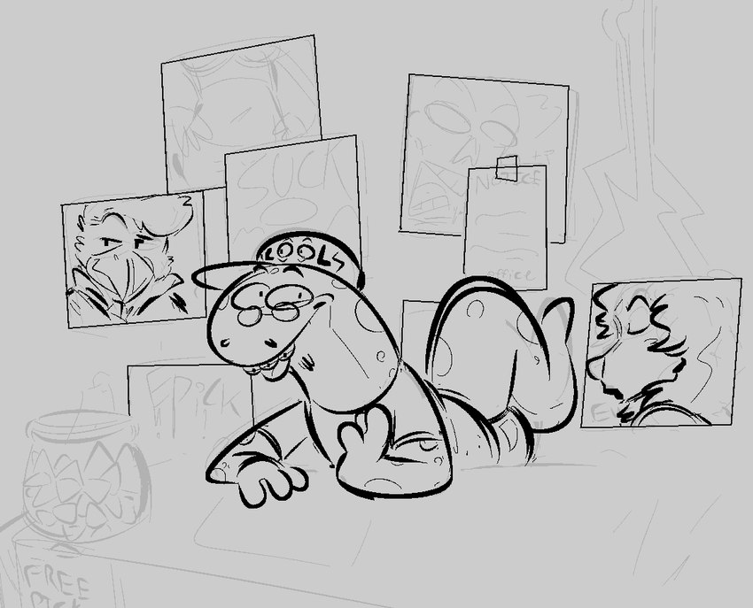 anthro artist braces clothing convention_table eyewear glasses hat headgear headwear male shirt smile solo tail tongue tongue_out topwear the-alfie-incorporated sebastian_(the-alfie-incorporated) amphibian salamander monochrome picture_in_picture sketch