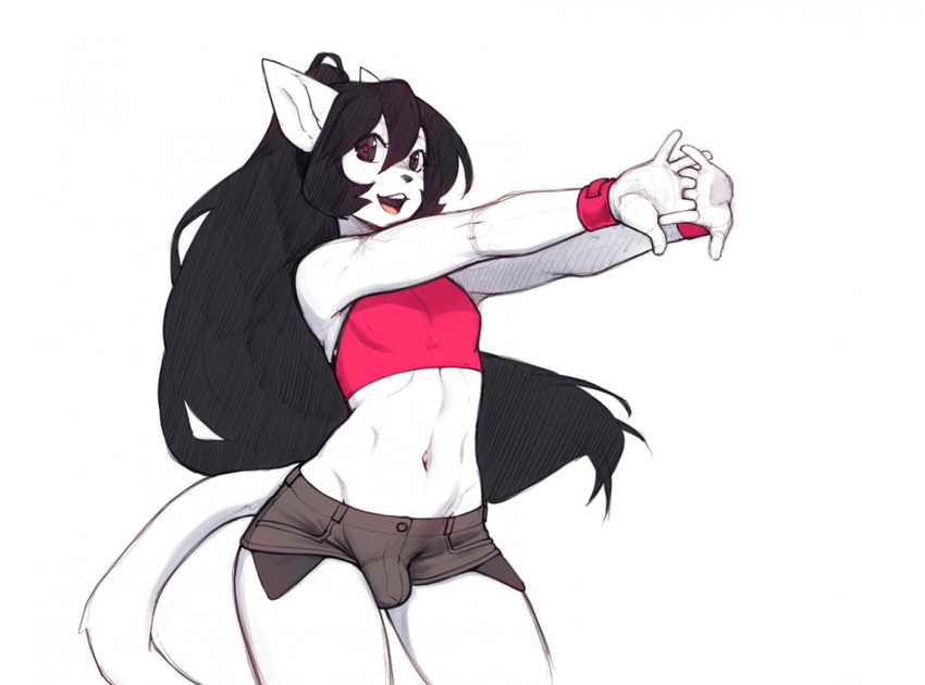 black_eyes black_hair bottomwear bracelet bulge clothed clothing femboy fur hair jewelry long_hair male navel open_mouth pockets pupils raised_arm red_pupils shorts simple_background solo stretching_arms topwear white_background white_body white_fur suelix mercy_(suelix) domestic_cat felid feline felis mammal 2020 digital_media_(artwork) portrait three-quarter_portrait