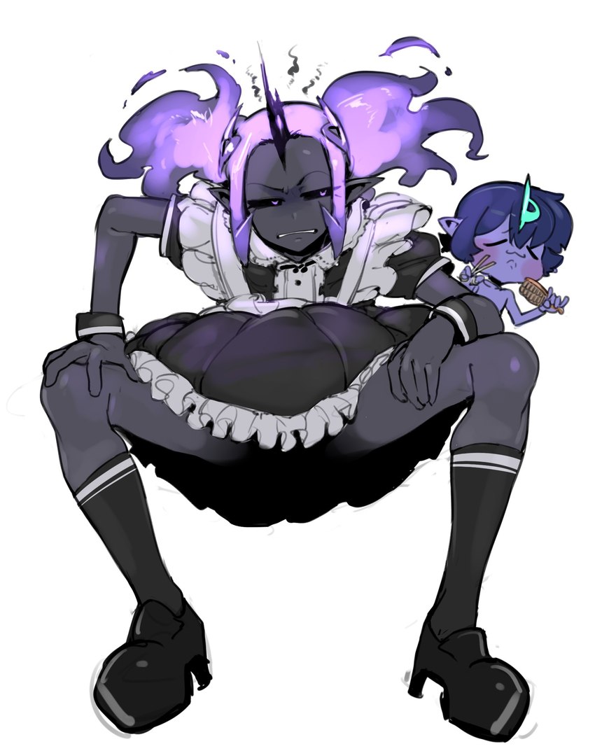 annoyed clothed clothing crossdressing dress duo fire flaming_hair hair maid_uniform male male/male pseudo_hair purple_eyes uniform doppel docu_(doppel) docu_(gcp) demon humanoid hi_res