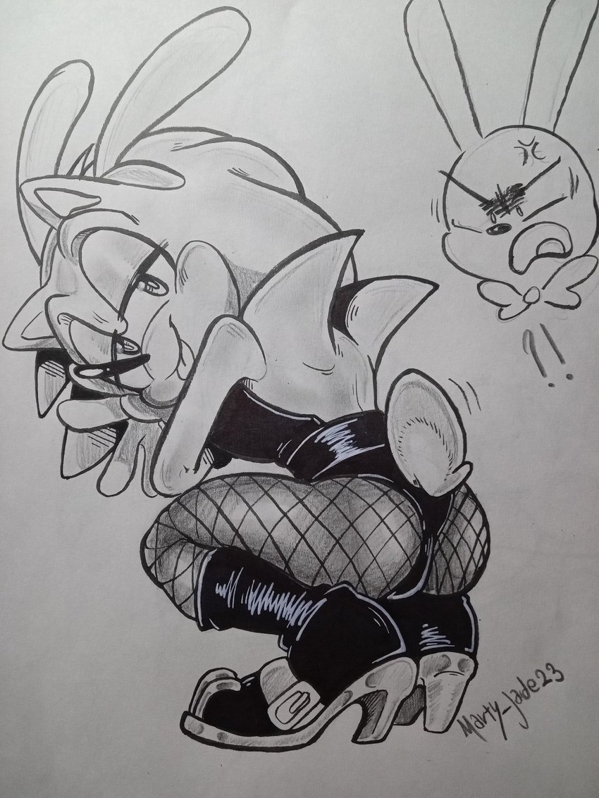 angry anthro beta_design boots bow_tie butt clothed clothing crossdressing crouching duo fishnet_clothing fishnet_legwear footwear high_heeled_boots high_heels legwear leotard looking_back male pantyhose scut_tail shoes short_tail tail tongue tongue_out martyjade23 sega sonic_the_hedgehog_(series) feels_the_rabbit sonic_the_hedgehog eulipotyphlan hedgehog lagomorph leporid mammal rabbit 3:4 hi_res traditional_media_(artwork)