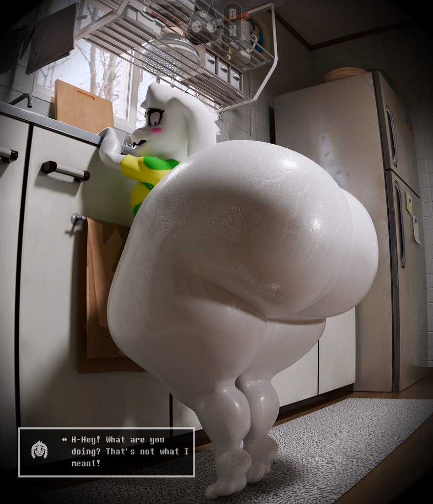 anthro appliance big_butt blush bodily_fluids bottomless butt clothed clothing dialogue dialogue_box embarrassed feet femboy fridge fur huge_butt hyper hyper_butt kitchen kitchen_appliance male partially_clothed shirt side_view sink solo standing sweat sweaty_butt topwear white_body white_fur totallyd undertale undertale_(series) asriel_dreemurr bovid caprine goat mammal 3d_(artwork) absurd_res blender_(artwork) digital_media_(artwork) hi_res
