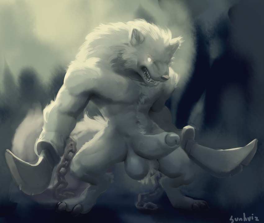 anthro balls big_balls big_penis biped chain chain_weapon dual_wielding erection foreskin fur genitals glans glowing glowing_eyes holding_object holding_weapon huge_balls huge_penis humanoid_genitalia humanoid_penis male melee_weapon monotone_body monotone_fur muscular muscular_anthro muscular_male night nude penis solo standing sword weapon white_balls white_body white_fur white_glans white_penis sunhuiz canid canine canis mammal wolf 2021 absurd_res digital_media_(artwork) digital_painting_(artwork) full-length_portrait hi_res light_theme portrait