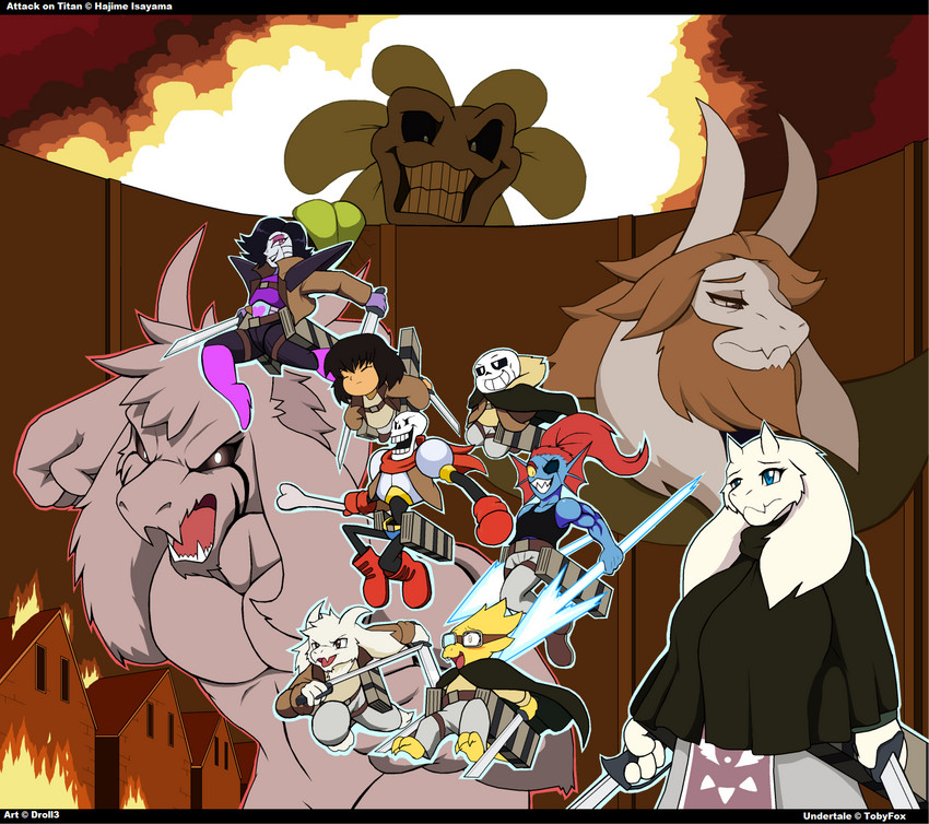 anthro beard bodiless bone burning_building cloak clothing dual_wielding facial_hair female flying group holding_object holding_weapon horn long_ears machine male melee_weapon polearm skeleton spear sword wall_(structure) weapon droll3 attack_on_titan undertale undertale_(series) alphys asgore_dreemurr asriel_dreemurr asriel_dreemurr_(god_form) flowey_the_flower frisk_(undertale) mettaton mettaton_ex papyrus_(undertale) sans_(undertale) toriel undyne boss_monster_(undertale) bovid caprine fish human humanoid mammal marine reptile robot scalie titan_(attack_on_titan) crossover hi_res