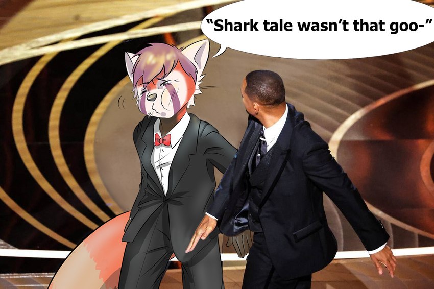 anthro bow_tie clothed clothing dialogue duo face_slap male smack suit text violence will_smith_slapping_chris_rock rustypawz will_smith ailurid humanoid mammal red_panda english_text meme nonbinary_(lore)