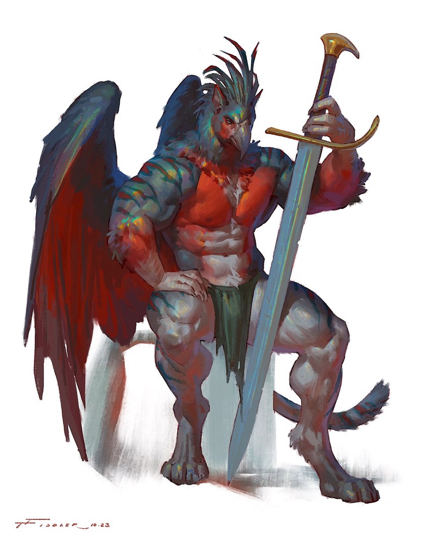 abs anthro beak big_sword big_wings bottomwear clothed clothing feather_hair feathers fur hair hand_on_leg holding_melee_weapon holding_object holding_sword holding_weapon loincloth loincloth_only looking_at_viewer male melee_weapon multicolored_body multicolored_feathers multicolored_fur muscular muscular_anthro muscular_male navel nipples pseudo_hair simple_background sitting solo stripes sword tail topless weapon white_background wings taran_fiddler mythology weretober avian gryphon mythological_avian mythological_creature weregryphon 4:5 hi_res