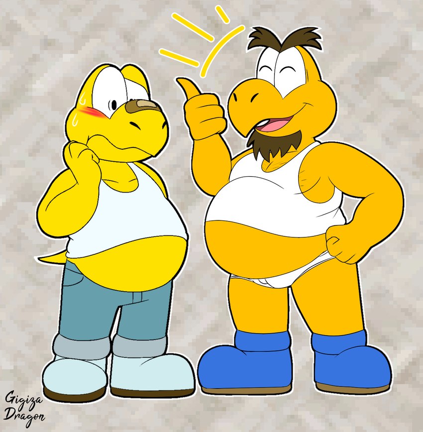 anthro beard belly big_belly blush bodily_fluids bottomwear chubby_cheeks clothing duo eyes_closed facial_hair male overweight overweight_male pants shirt sweat topwear underwear yellow_body gigizadragon mario_bros nintendo paper_mario paper_mario:_the_thousand_year_door koopley koops koopa koopa_troopa reptile scalie turtle 2024 hi_res