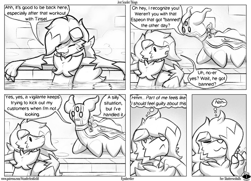 anthro dialogue duo female feral fur gesture hair hot_spring male open_mouth relaxed_expression relaxing scarf shrug snout speech_bubble text water rymherdier nintendo pokemon pokemon_mystery_dungeon spike_chunsoft wanderlust fan_character scarlet_mauve canid canine east_sea_gastrodon gastrodon generation_4_pokemon generation_7_pokemon lycanroc mammal midnight_lycanroc pokemon_(species) comic english_text greyscale hi_res monochrome shaded url