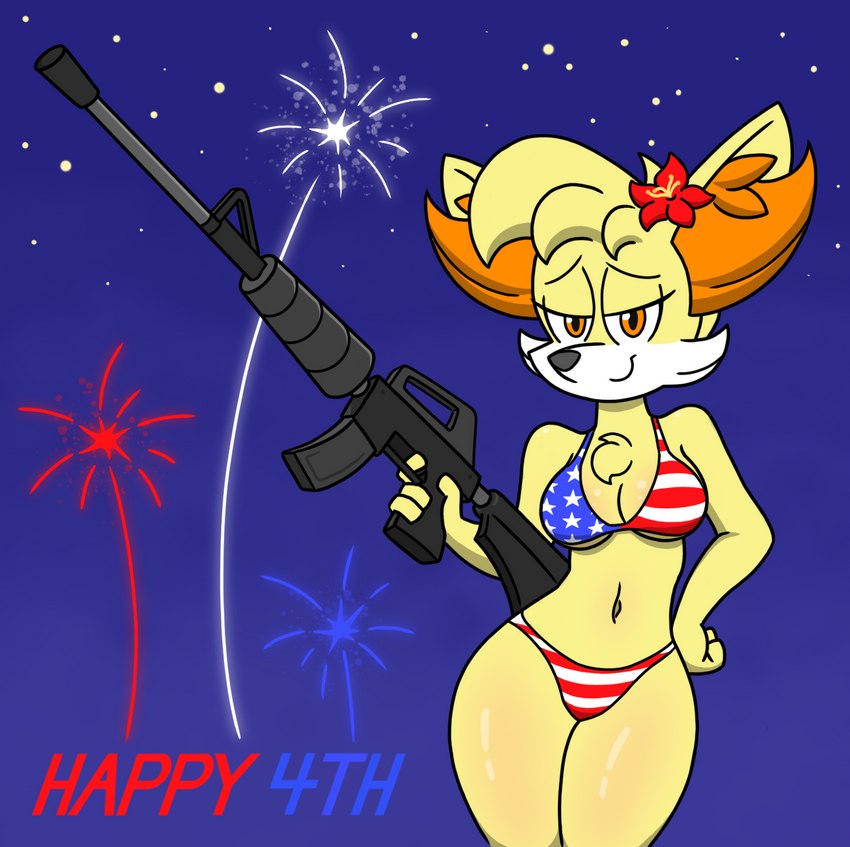 american_flag american_flag_bikini anthro anthrofied ar-15 assault_rifle bikini breasts chest_tuft clothed clothing female fireworks flag flag_bikini flag_clothing flag_print flag_swimwear flower flower_on_head fur gun handgun holding_gun holding_object holding_ranged_weapon holding_weapon holidays looking_at_viewer navel plant pokemorph print_bikini print_clothing print_swimwear ranged_weapon rifle simple_background solo swimwear text tuft two-piece_swimsuit united_states_of_america weapon yellow_body yellow_fur hirotheziro 4th_of_july nintendo pokemon frenny canid canine fennekin generation_6_pokemon mammal pokemon_(species) digital_media_(artwork) english_text hi_res